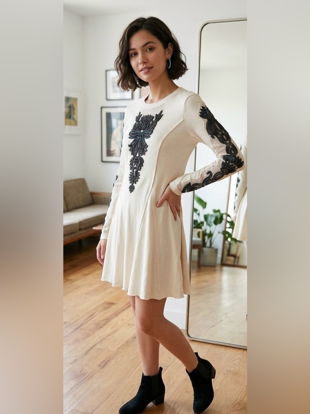 FREE PEOPLE New Romantics Black Forest Cream Beaded Long Sleeve Dress sz XS
